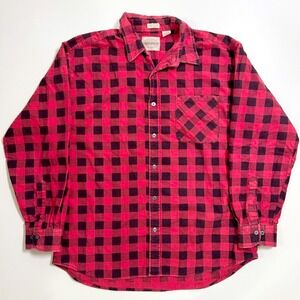 Vintage Saugatuck Flannel Shirt L Red Black Buffalo Check Button Down Russia